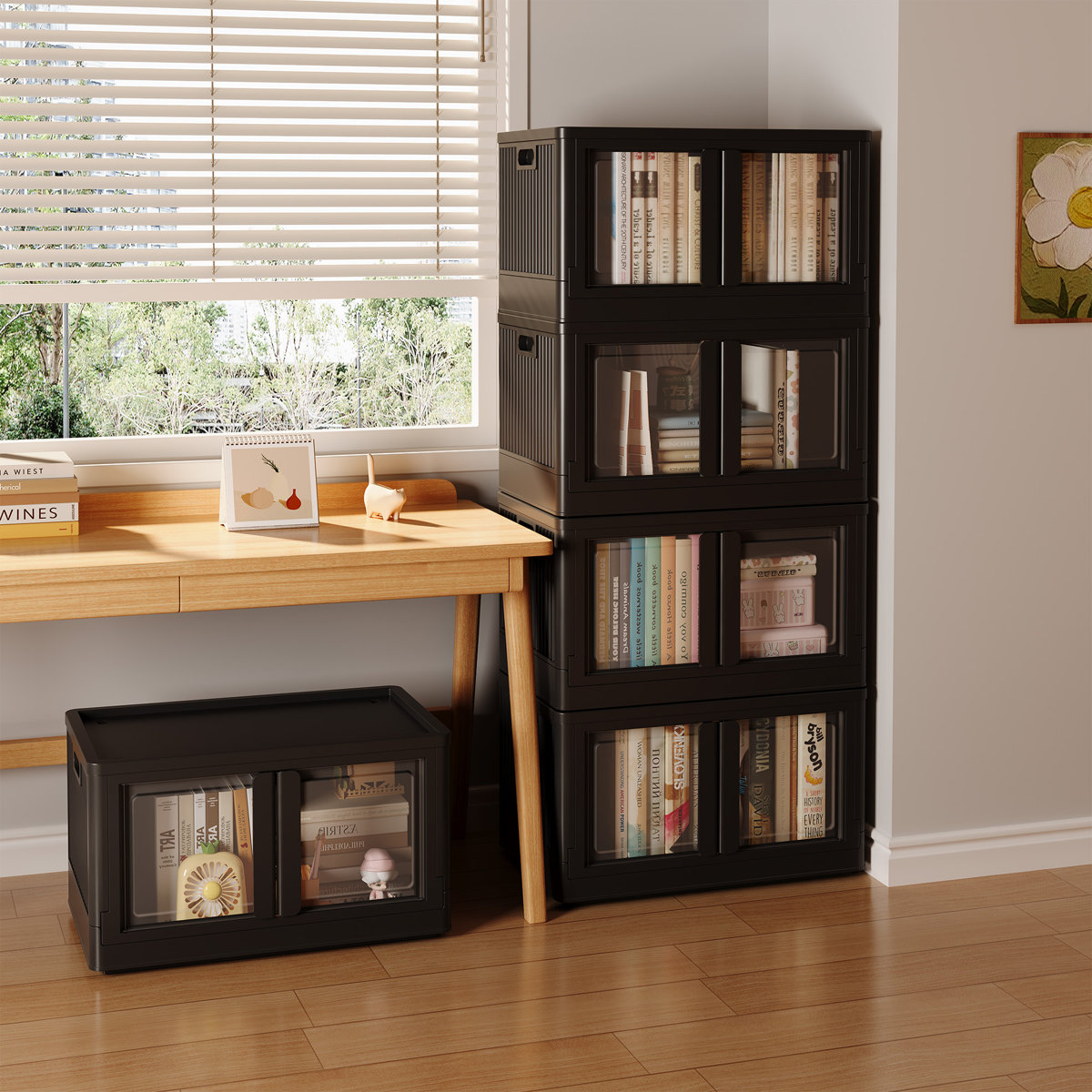 Stackable Collapsible Plastic Storage Bins with Lids,304 QT Closet Organizers with Doors, 25''L x 15.5''W x 56''H (Set of 4)